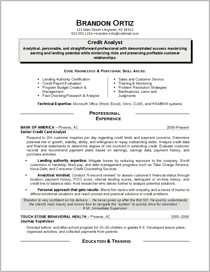 Sample Credit Risk Management Resume