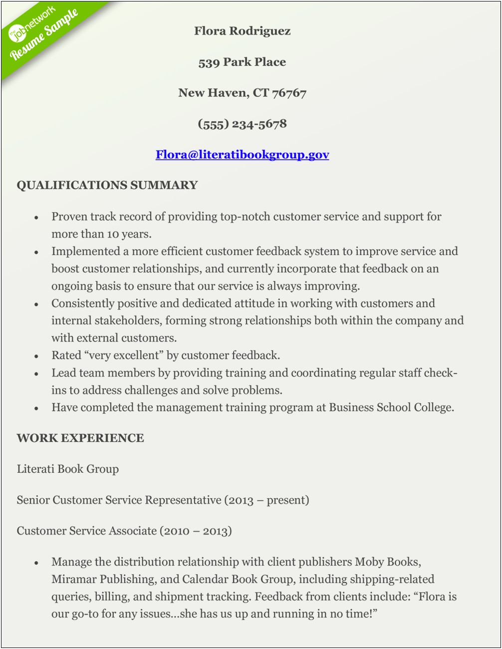 Sample Customer Service Resume Profile