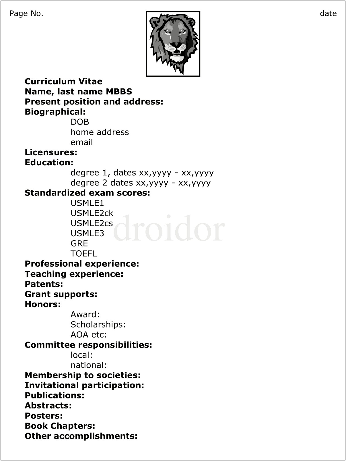 Sample Cv Resume For Residency