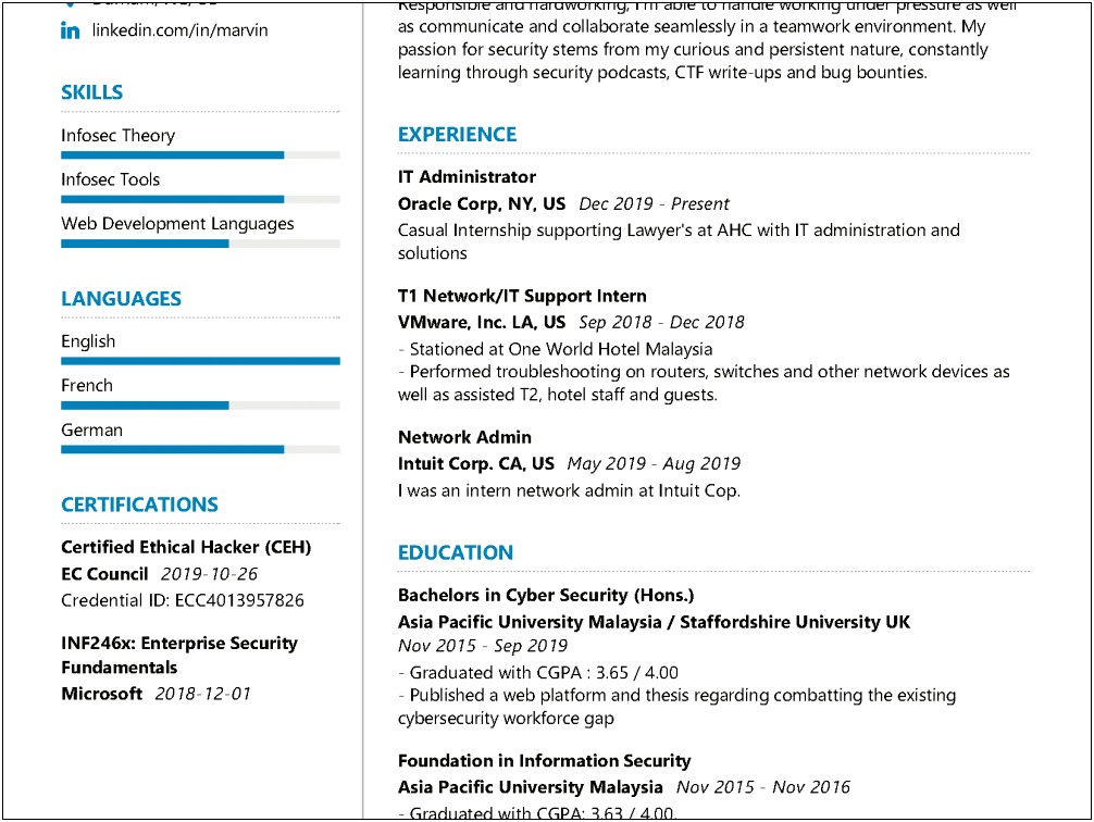 Sample Cyber Security Manager Resume