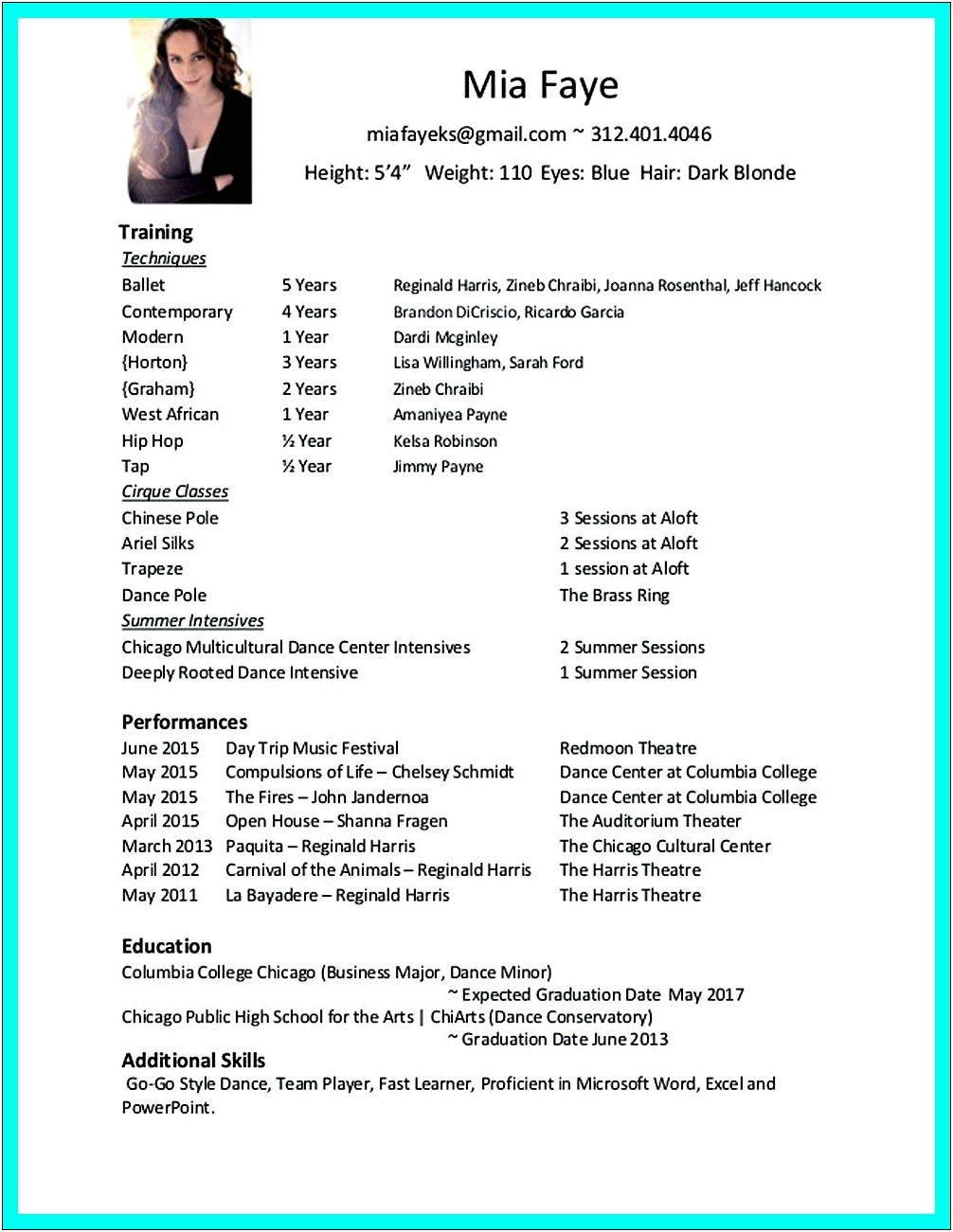 Sample Dance Resume For College