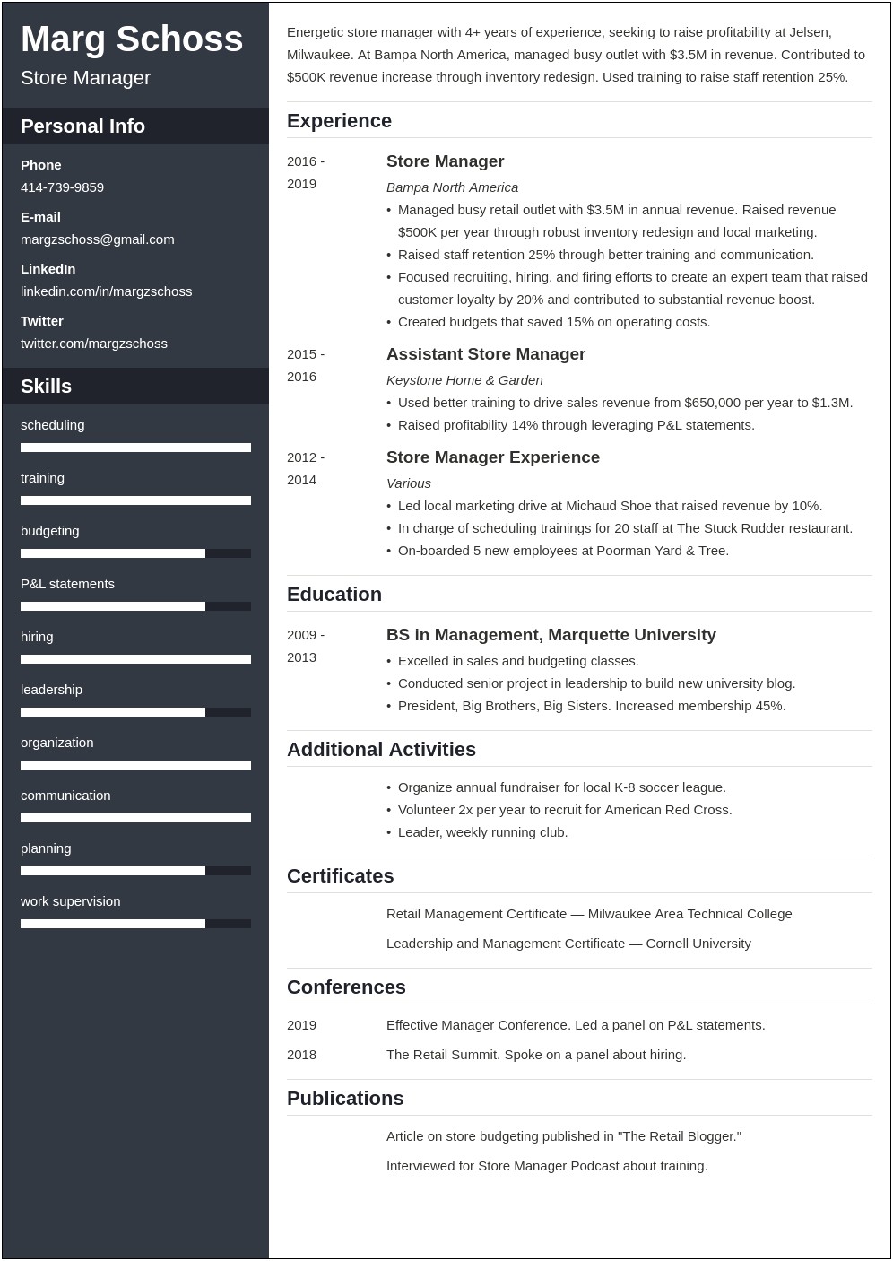 Sample Department Store Manager Resume