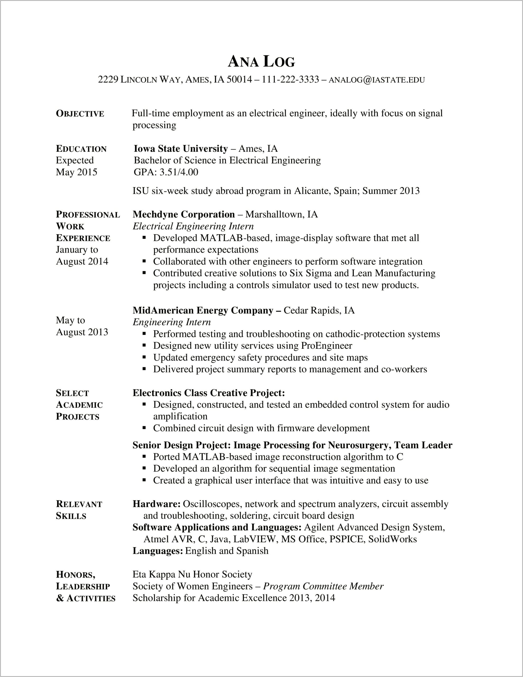 Sample Electrical Engineering Internship Resume