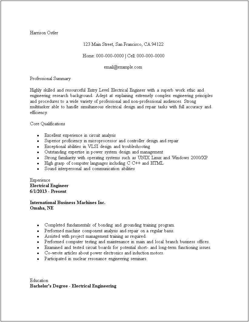 Sample Electrical Engineering Resumes Entry Level