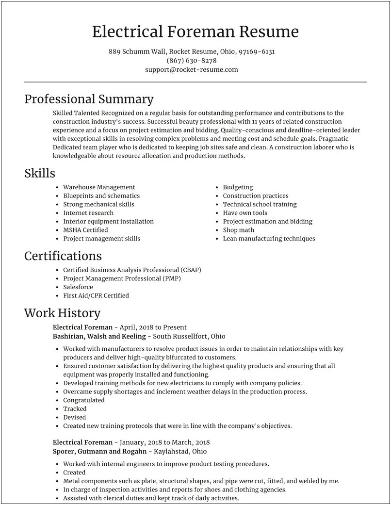 Sample Electrical Foreman Resume Example