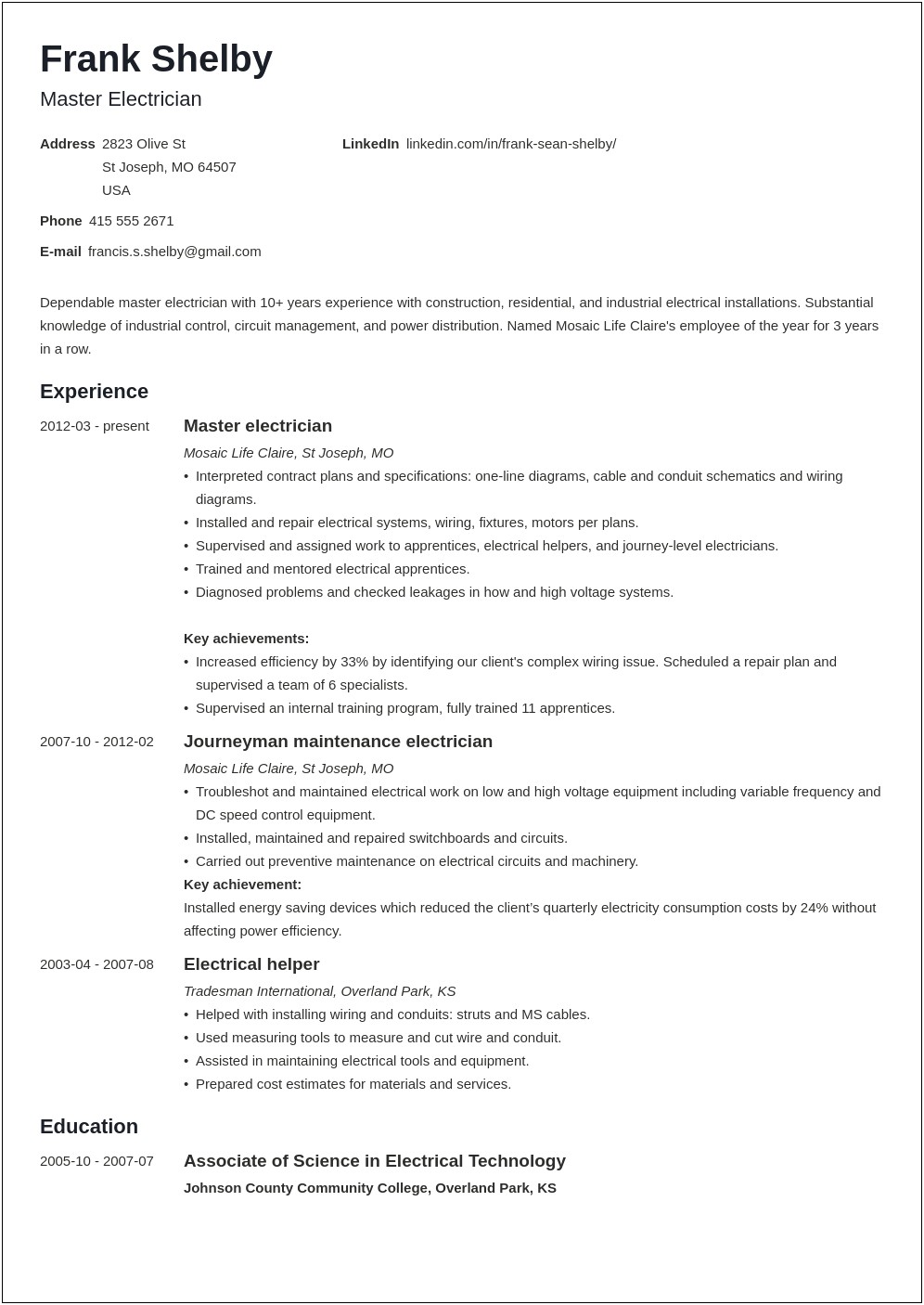 Sample Electrician Resume Cover Letter