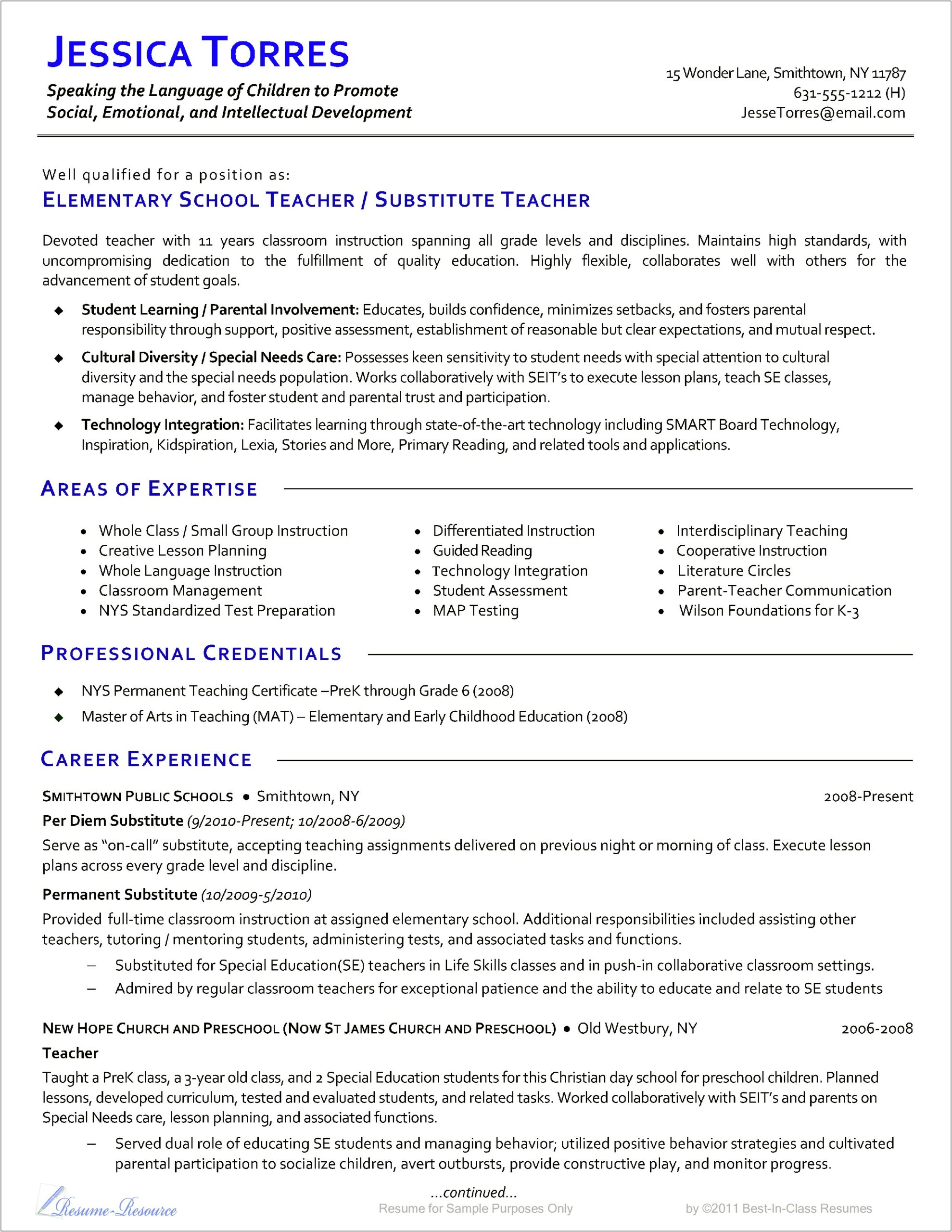 Sample Elemtart School School Resume