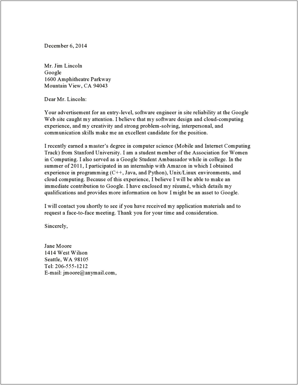 Sample Email Cover Letters For Resumes For Internships