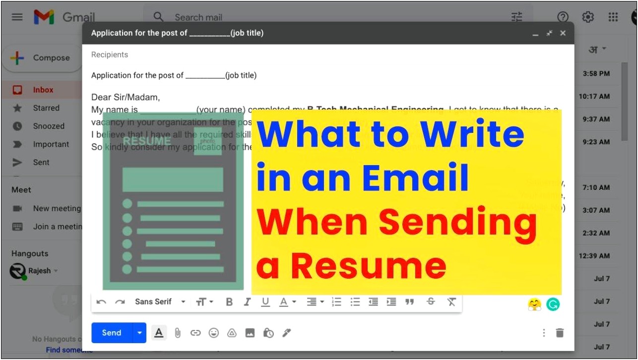 Sample Email For Sending Resume For Freshers