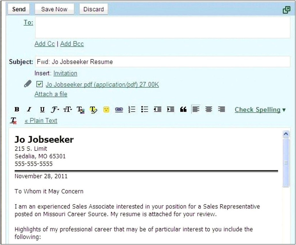 Sample Email Text For Sending Resume