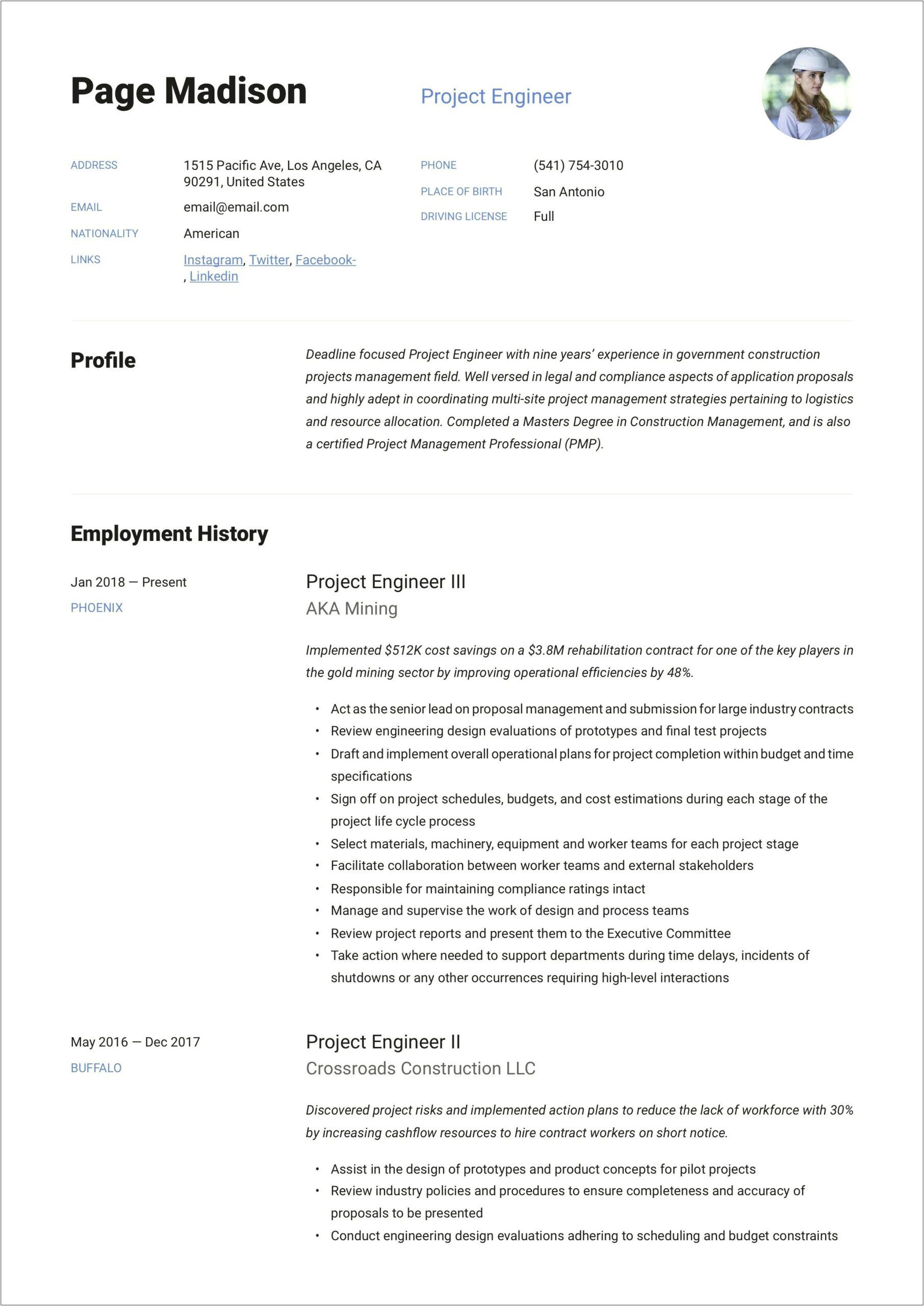 Sample Engineering Projects In Resume