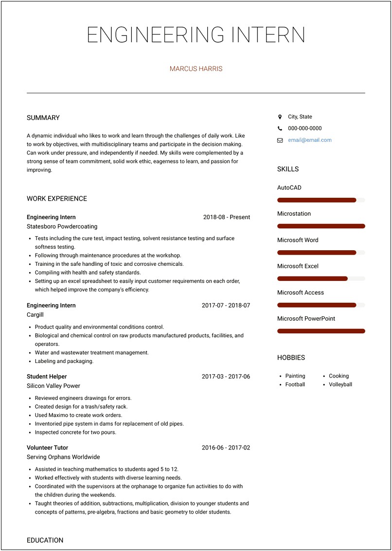 Sample Engineering Resume For Internship