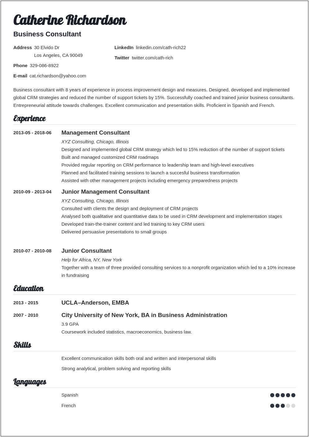 Sample Entry Level Consulting Resume