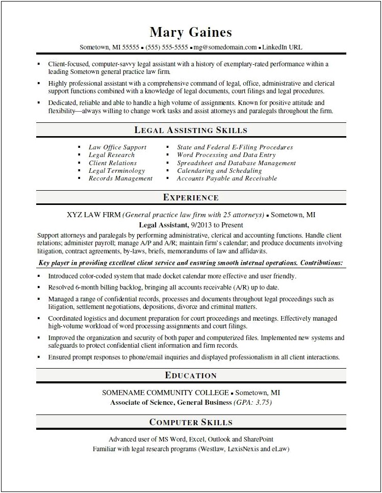 Sample Entry Level Legal Assistant Resume