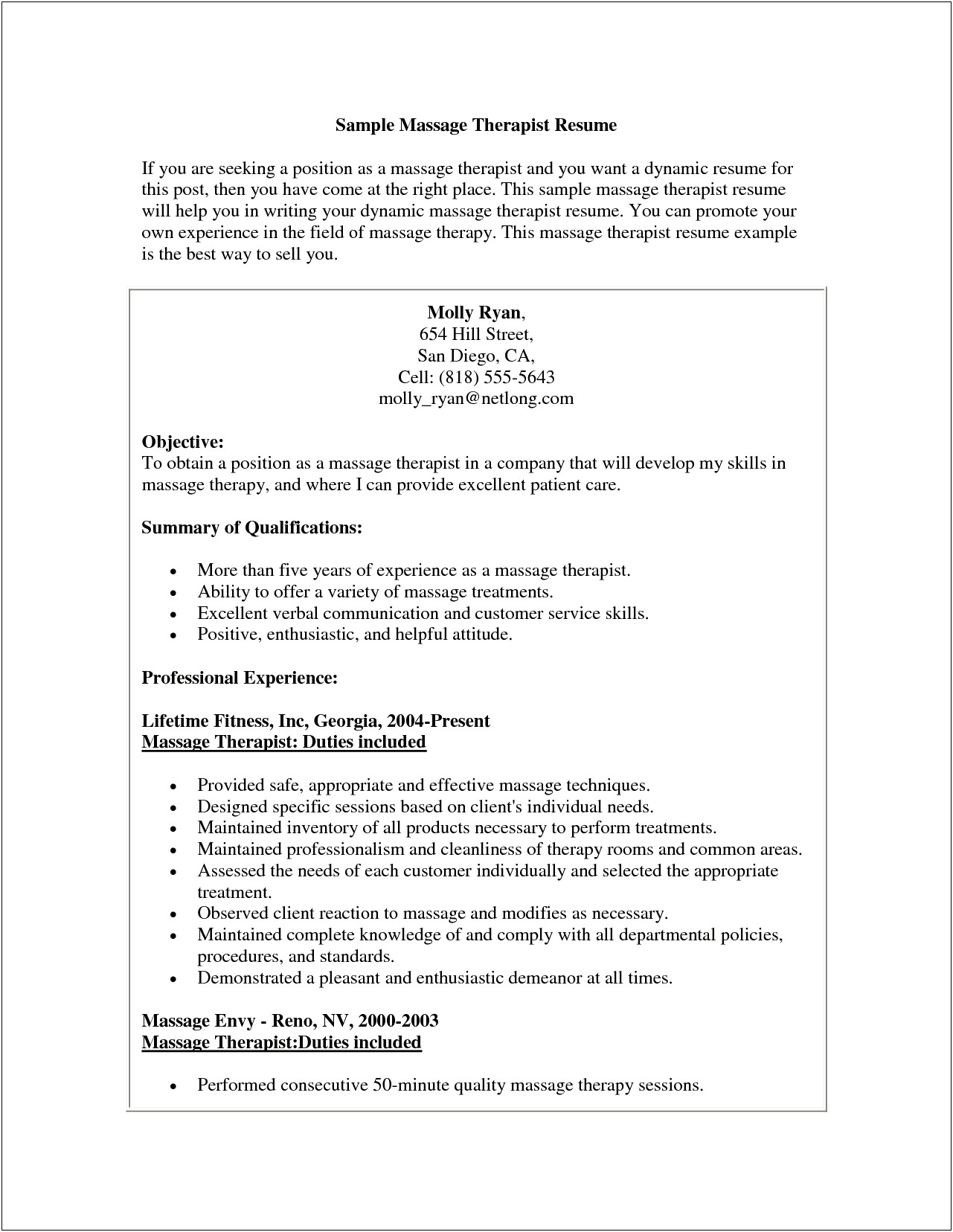Sample Entry Level Massage Resume
