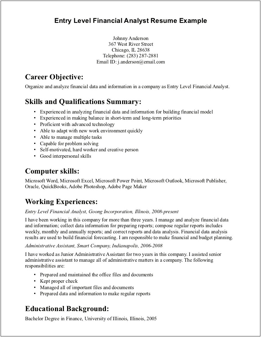 Sample Entry Level Resume Summary