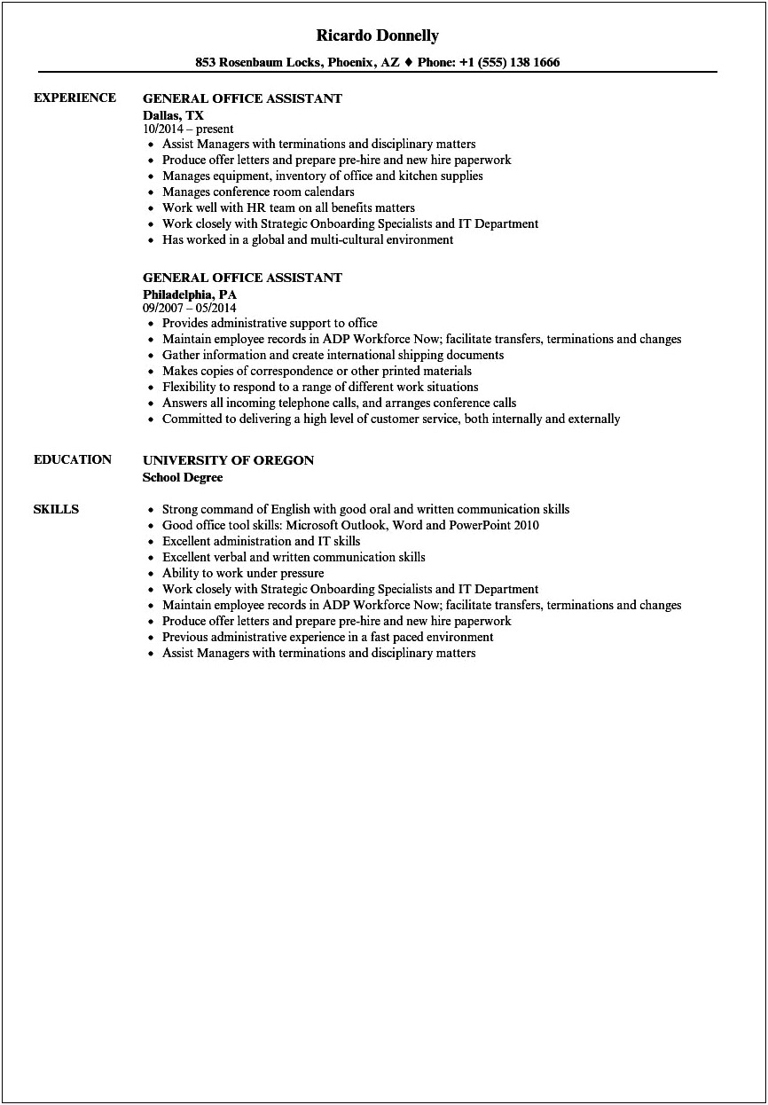 Sample Experieced Office Assistant Resume