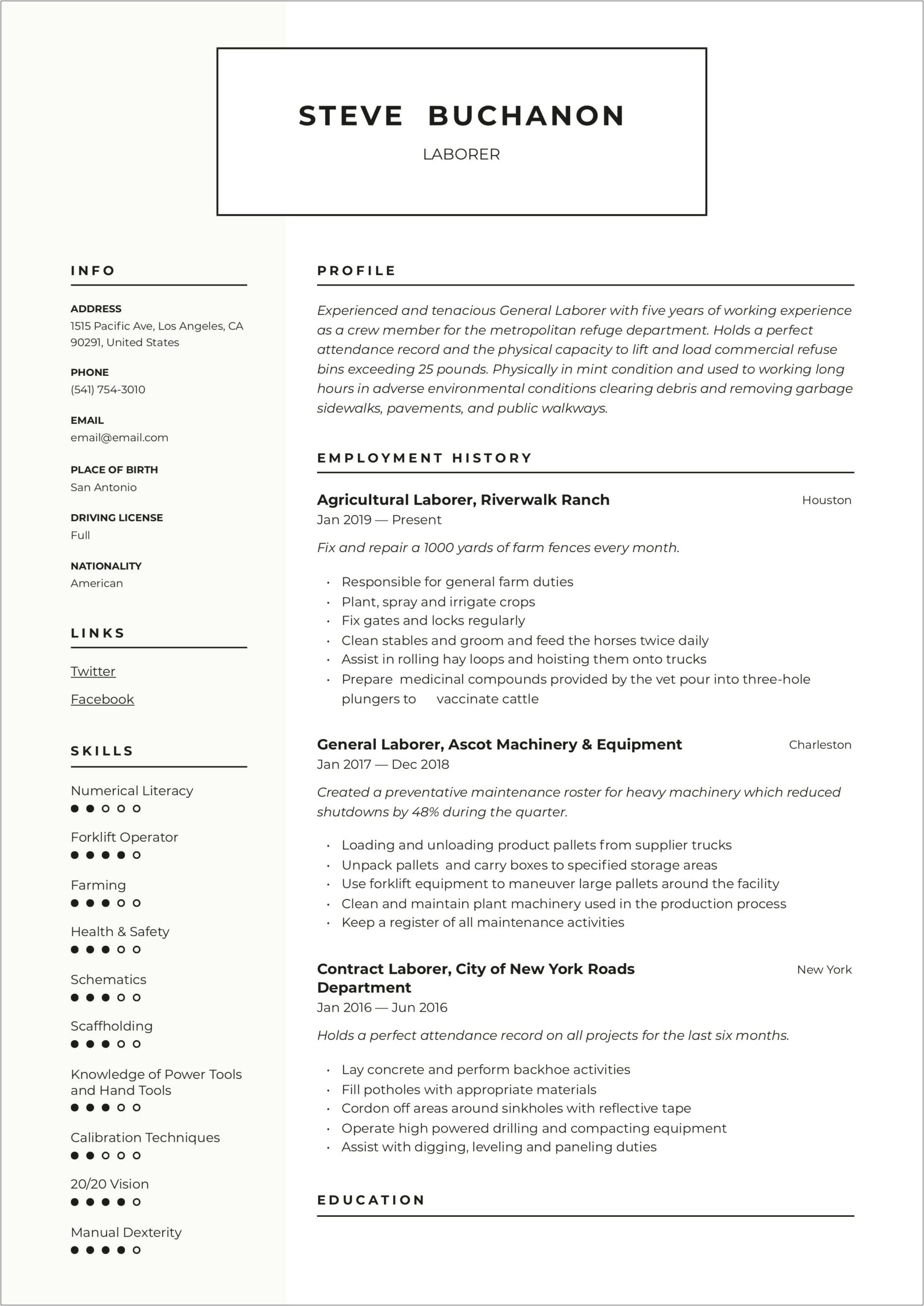 Sample Experienced General Worker Resume
