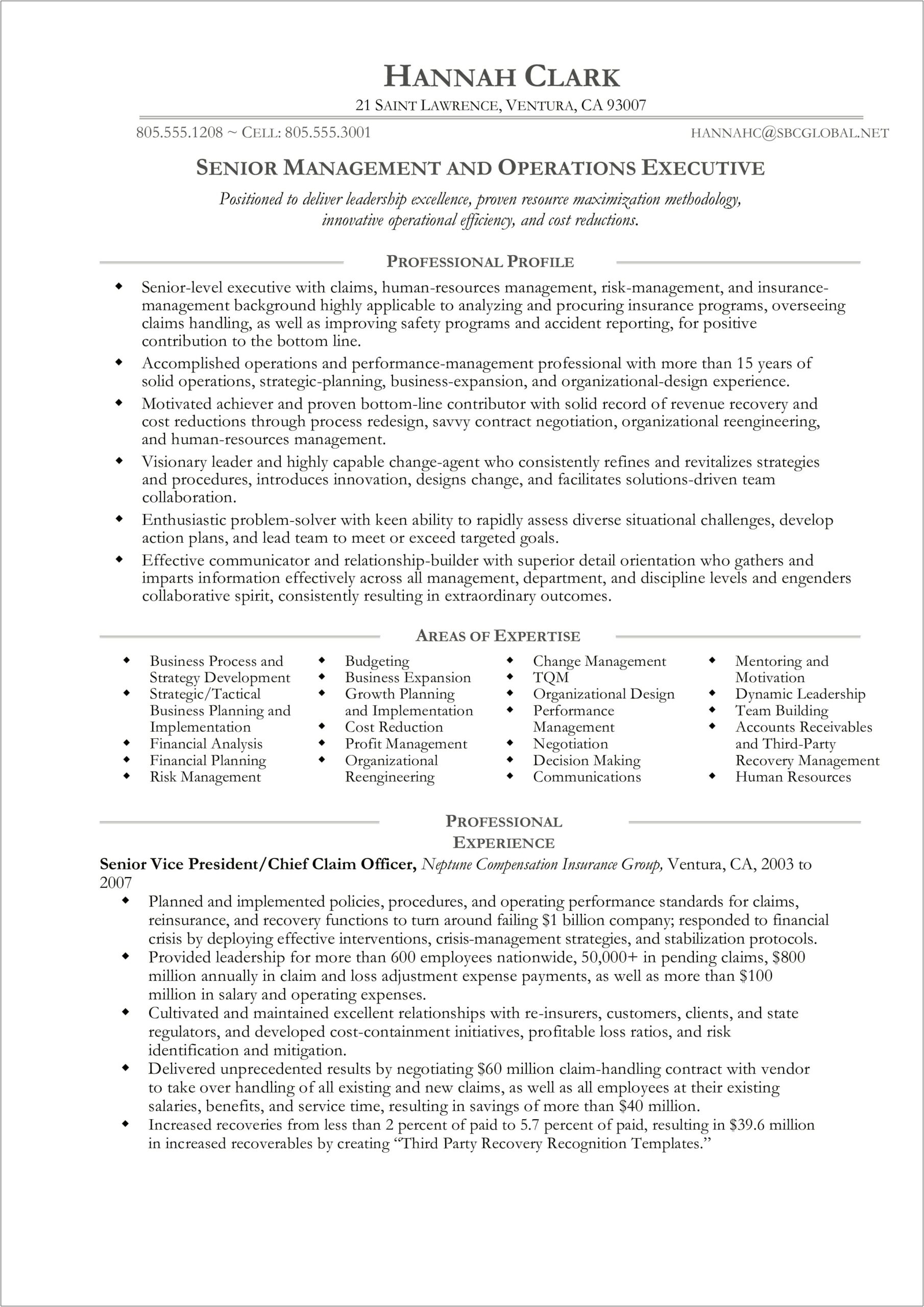 Sample Experienced Operations Manager Resume