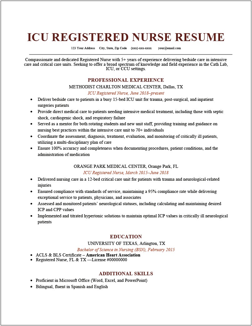 Sample Experienced Registered Nurse Resume