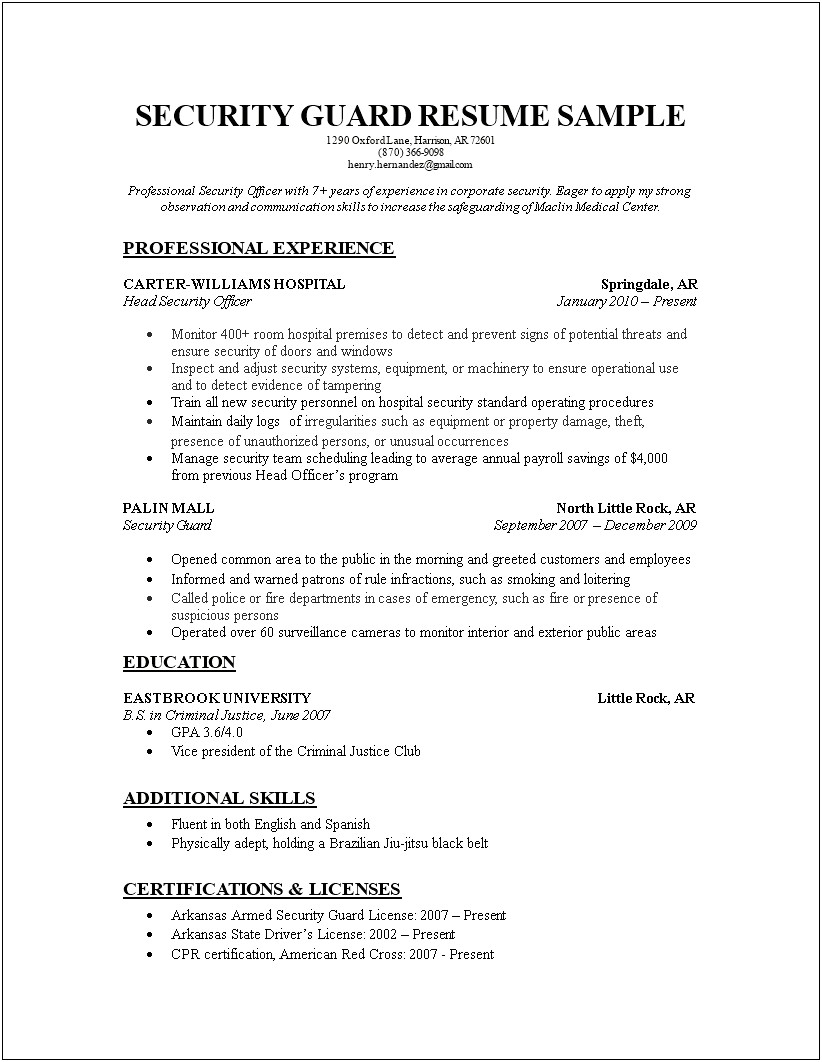Sample Facility Security Officer Resume