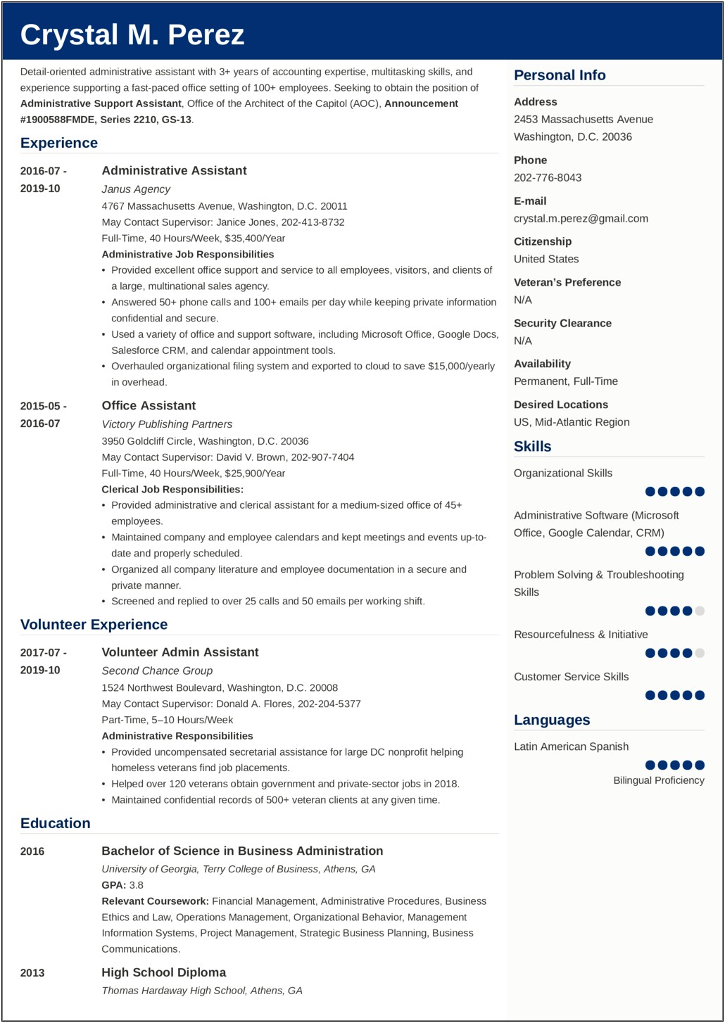 Sample Federal Government Resume Entry Level