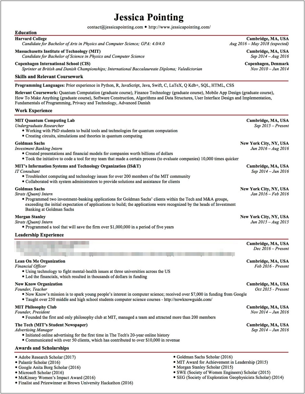 Sample Finance Resume For Undergraduate College Students