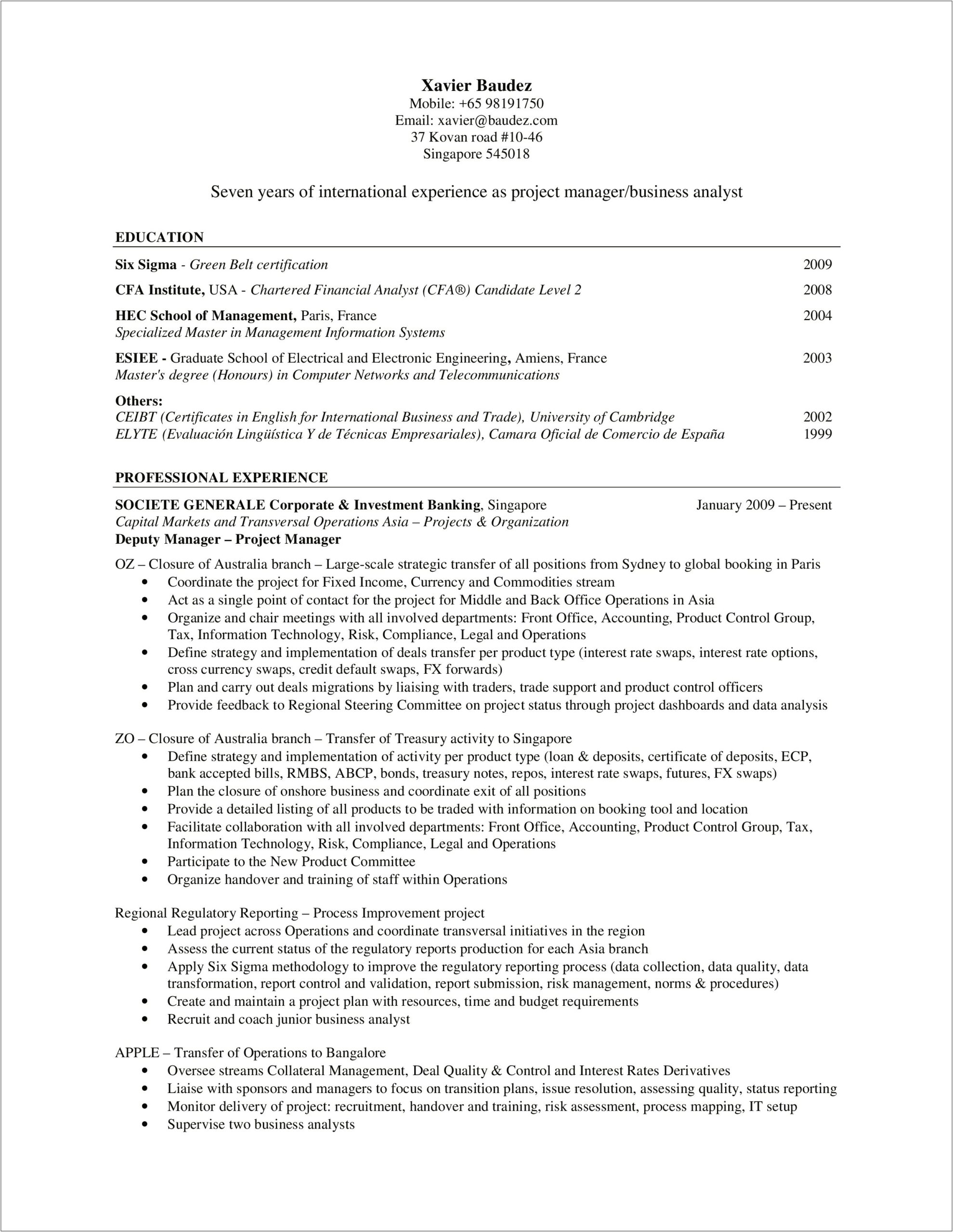 Sample Financial Business Analyst Resume