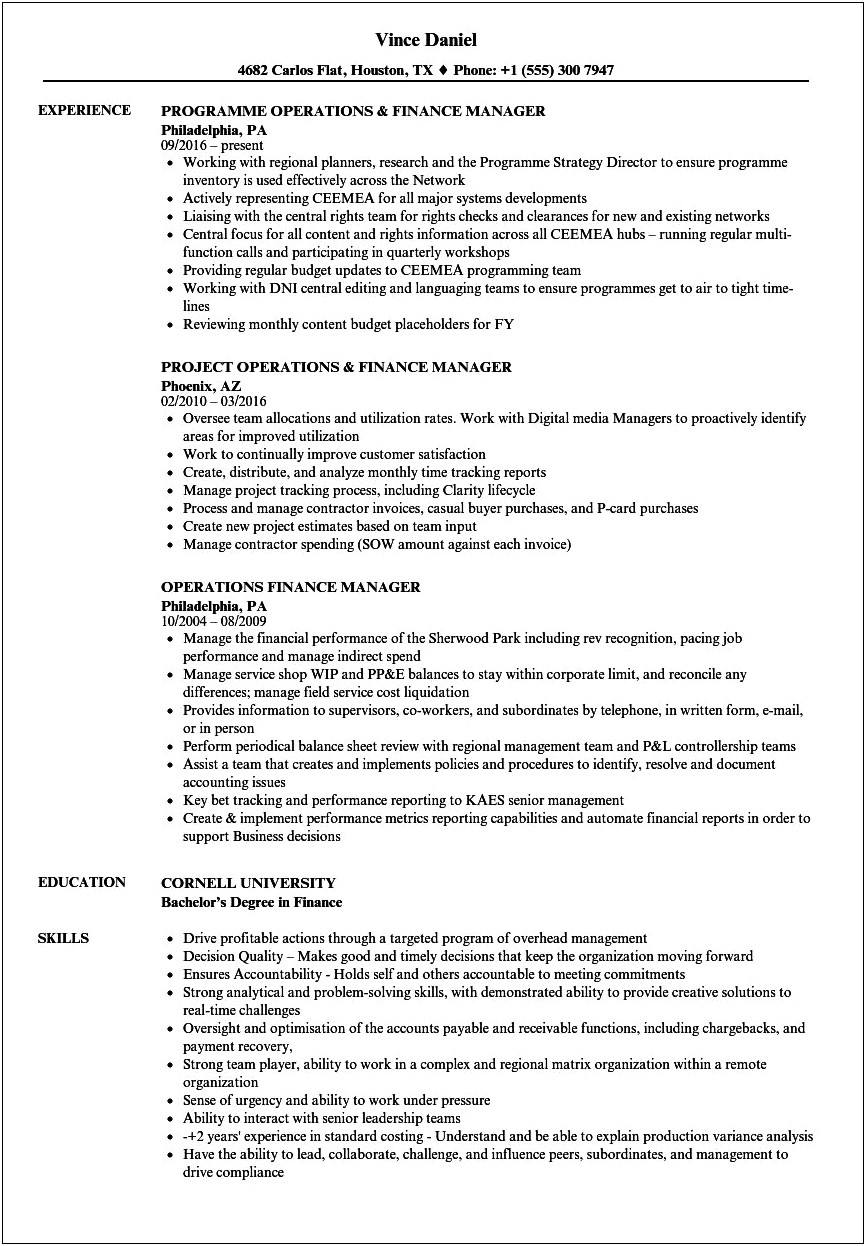 Sample Financial Operations Manager Resume