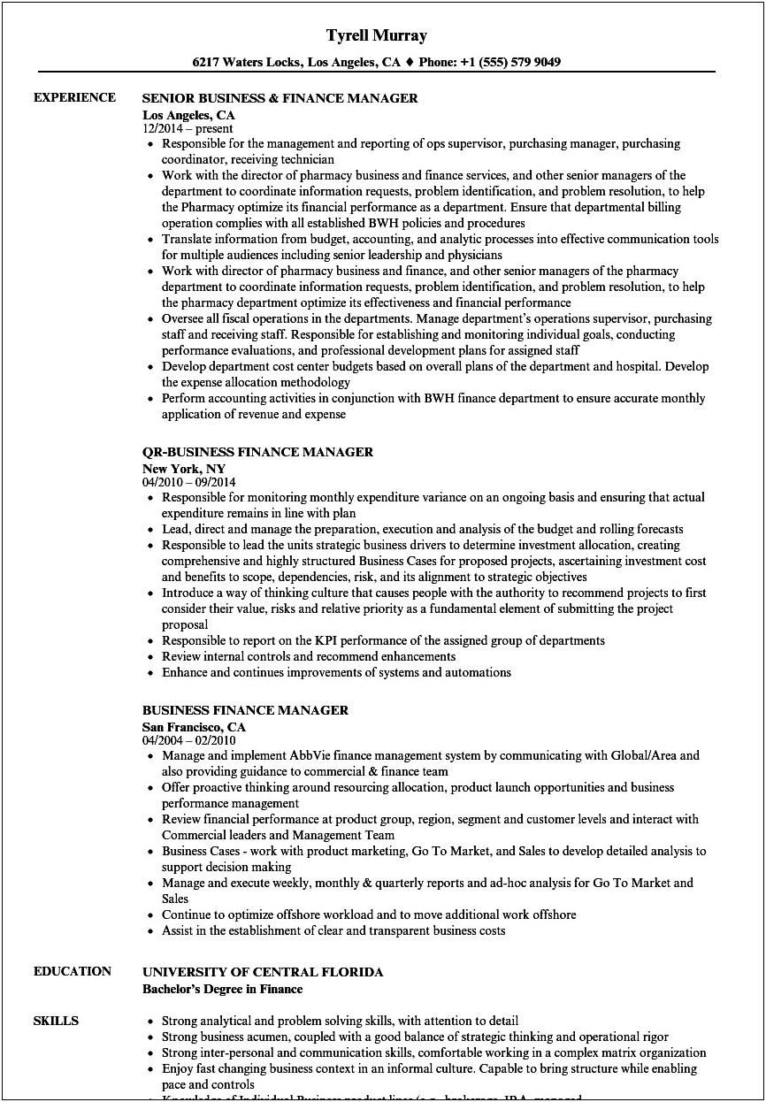 Sample Financial Planning And Analysis Manager Resume