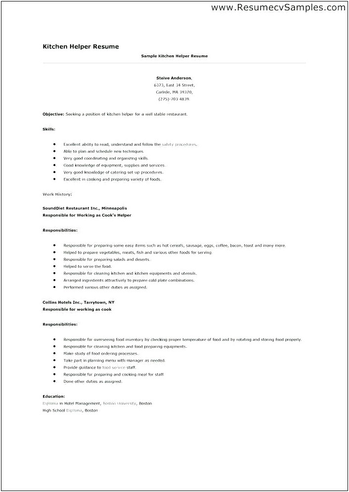 Sample For A Resume For Kitchen Help