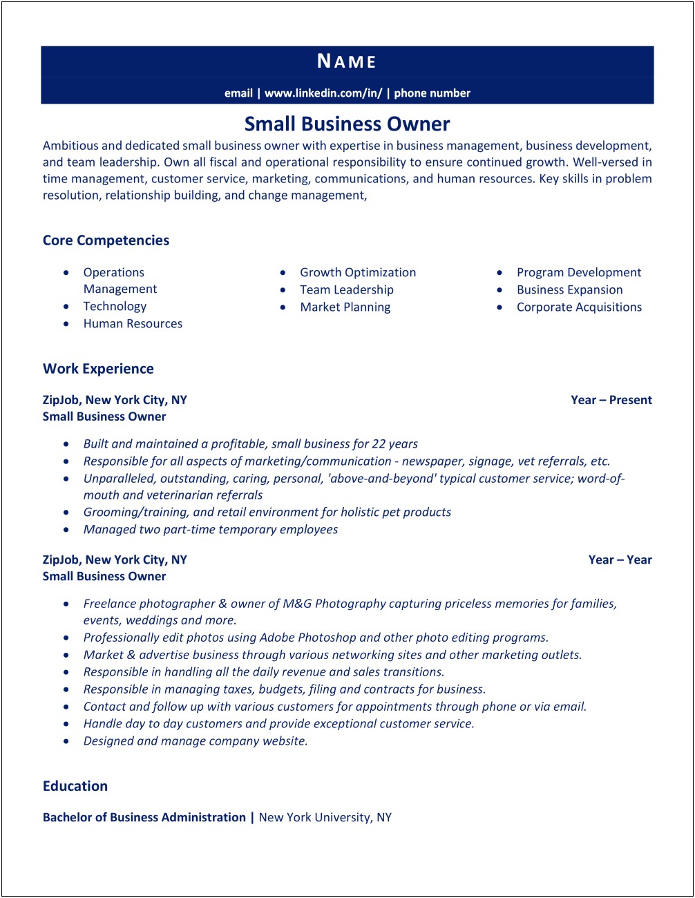 Sample Former Small Business Owner Resume