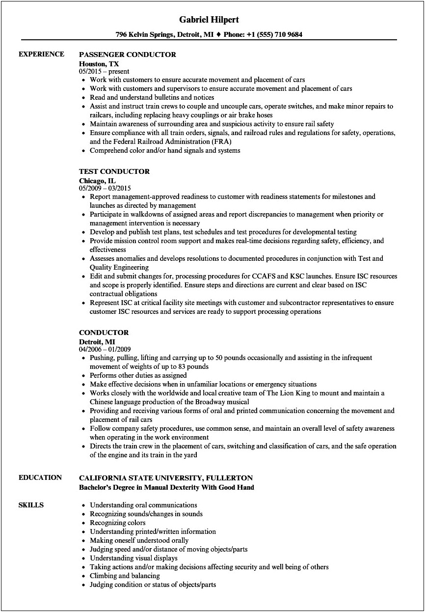 Sample Freight Train Conductor Resume
