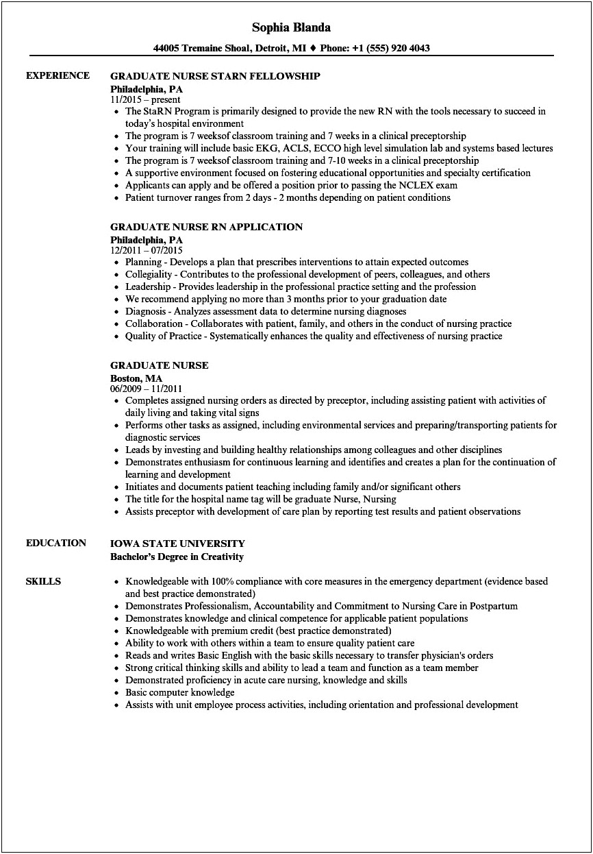 Sample Fresh Nursing Graduate Resume