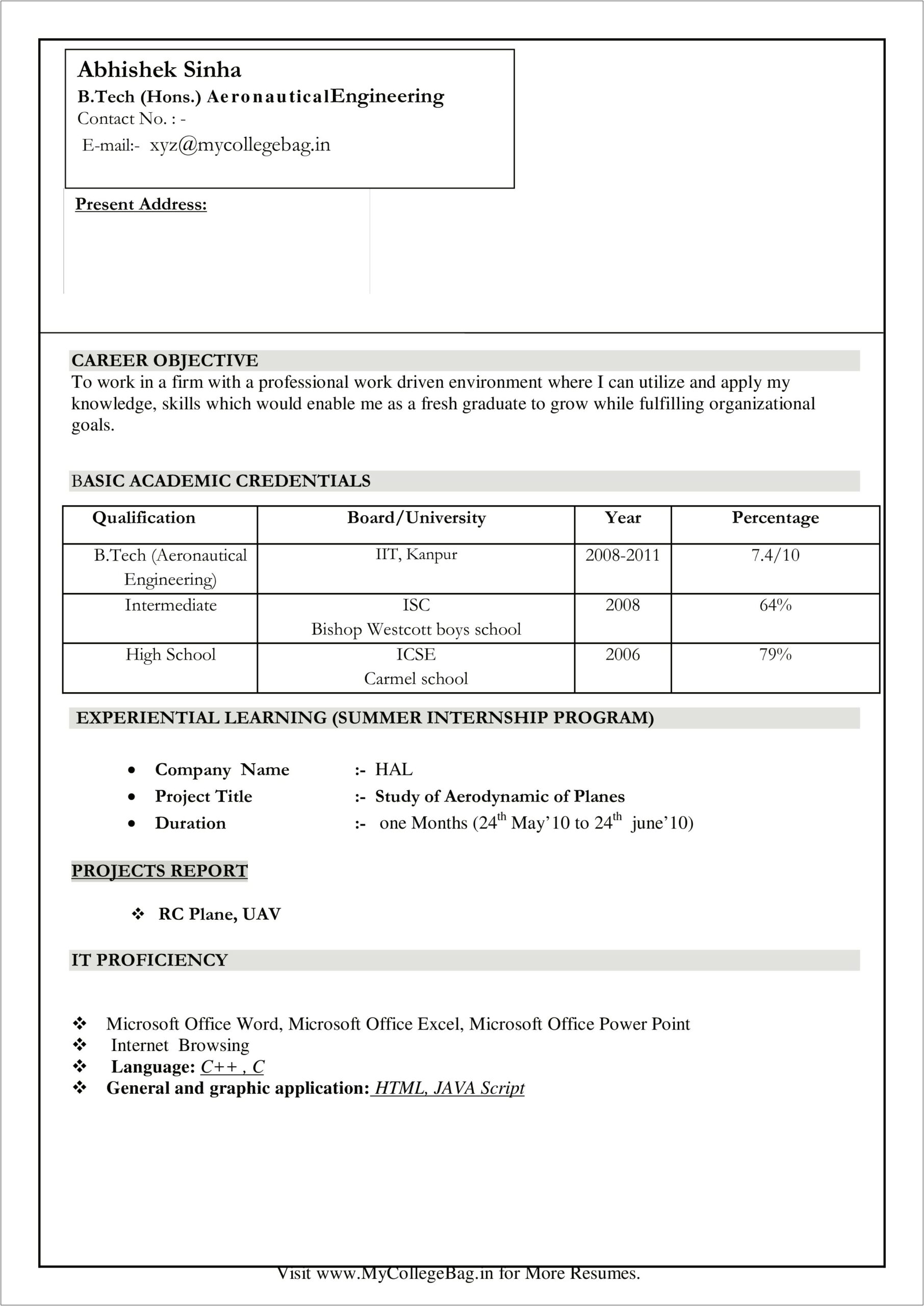 Sample Fresher Resume Format Download
