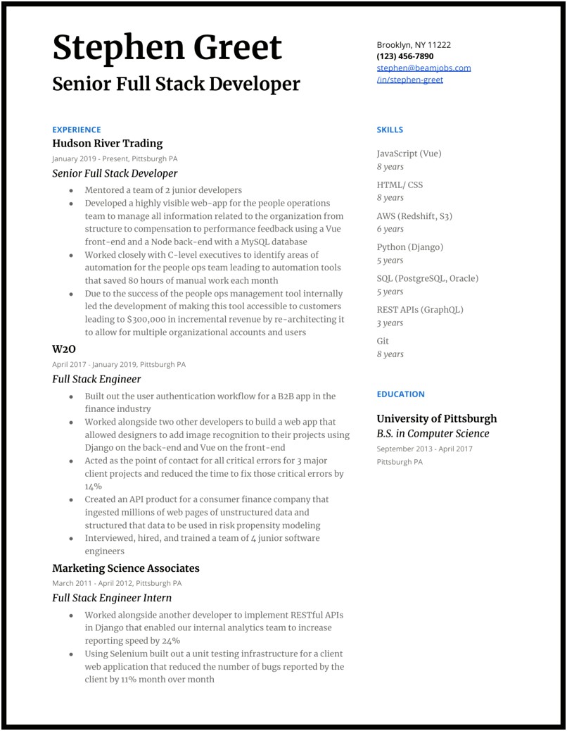 Sample Full Stack Developer Resume
