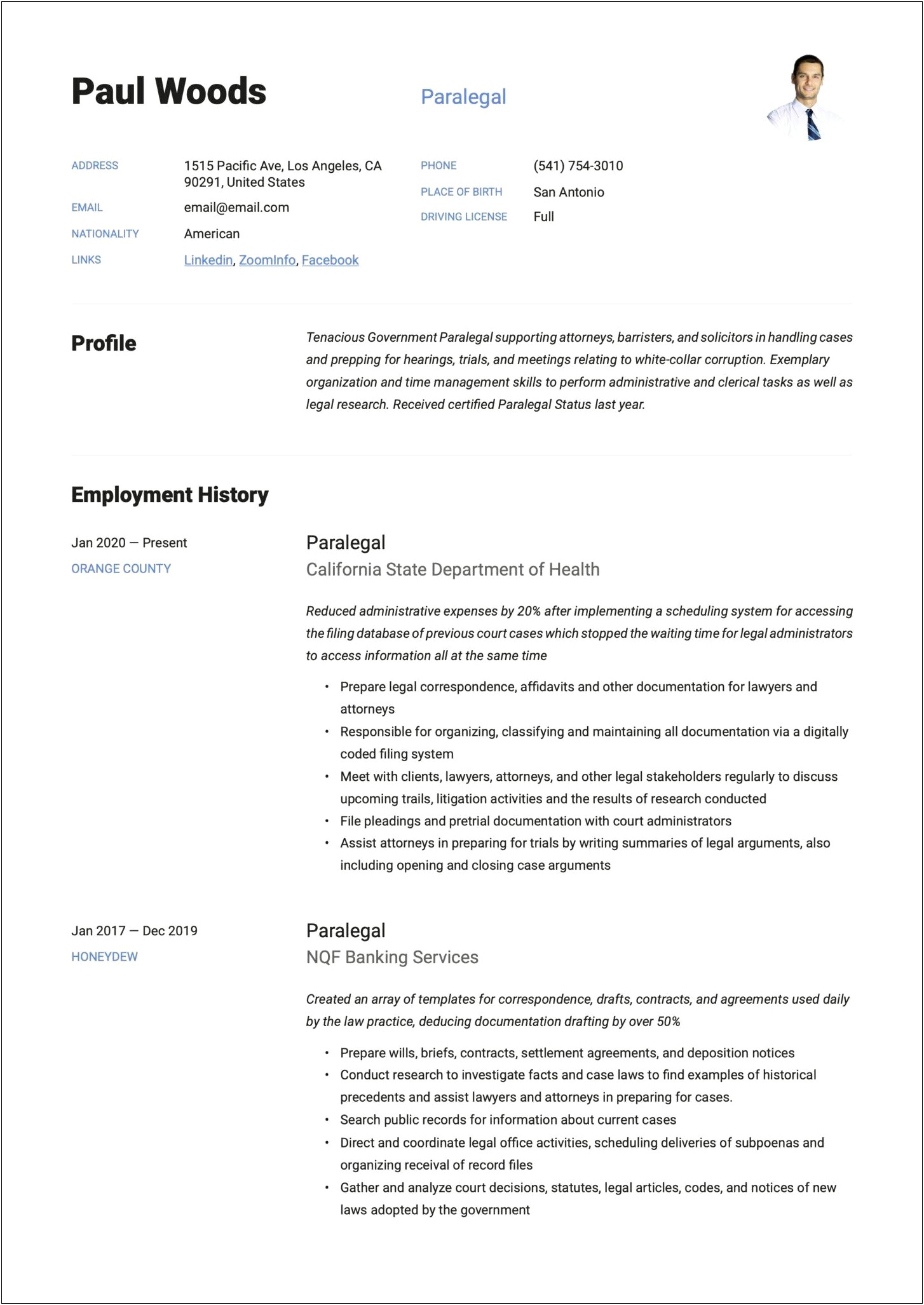Sample Functional Resume For Paralegal