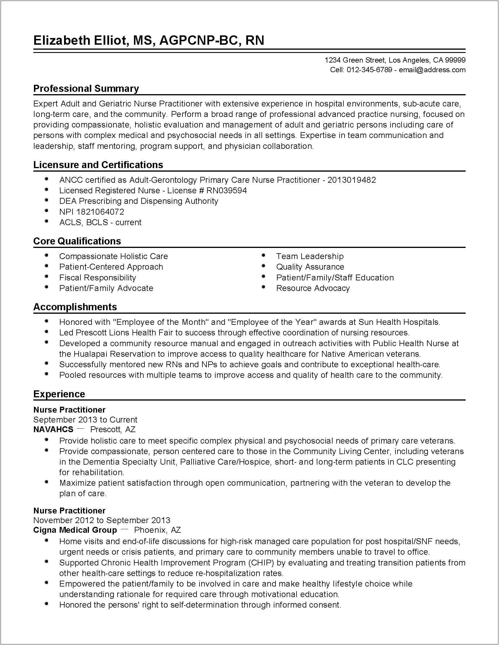 Sample Geriatric Nursing Assistant Resume