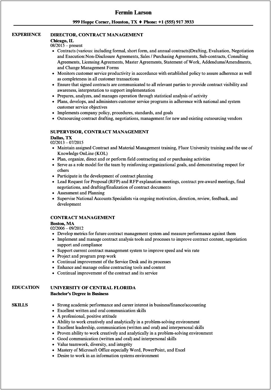 Sample Government Resume Contract Specialist