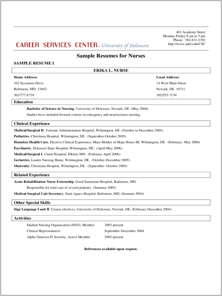 Sample Graduate Registered Nurse Resume