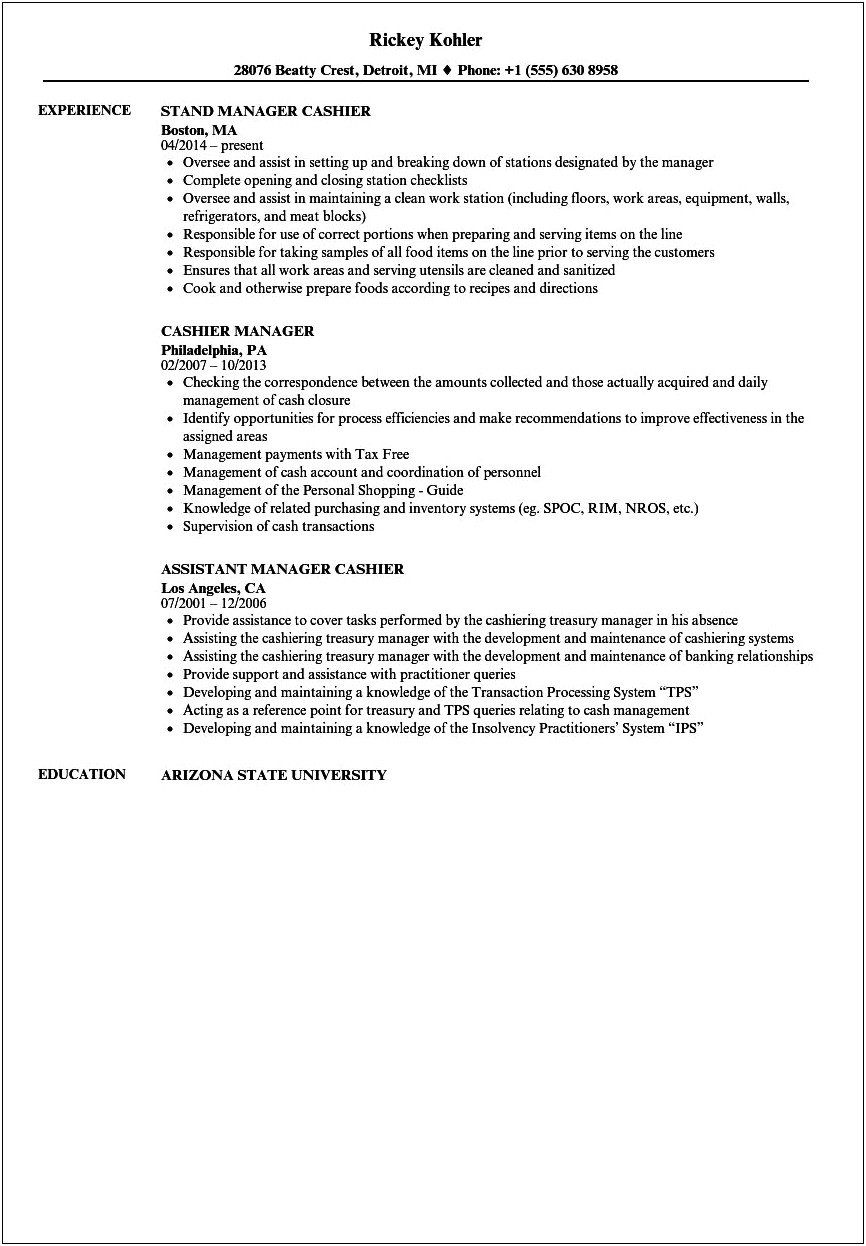 Sample Head Cashier Resume Format