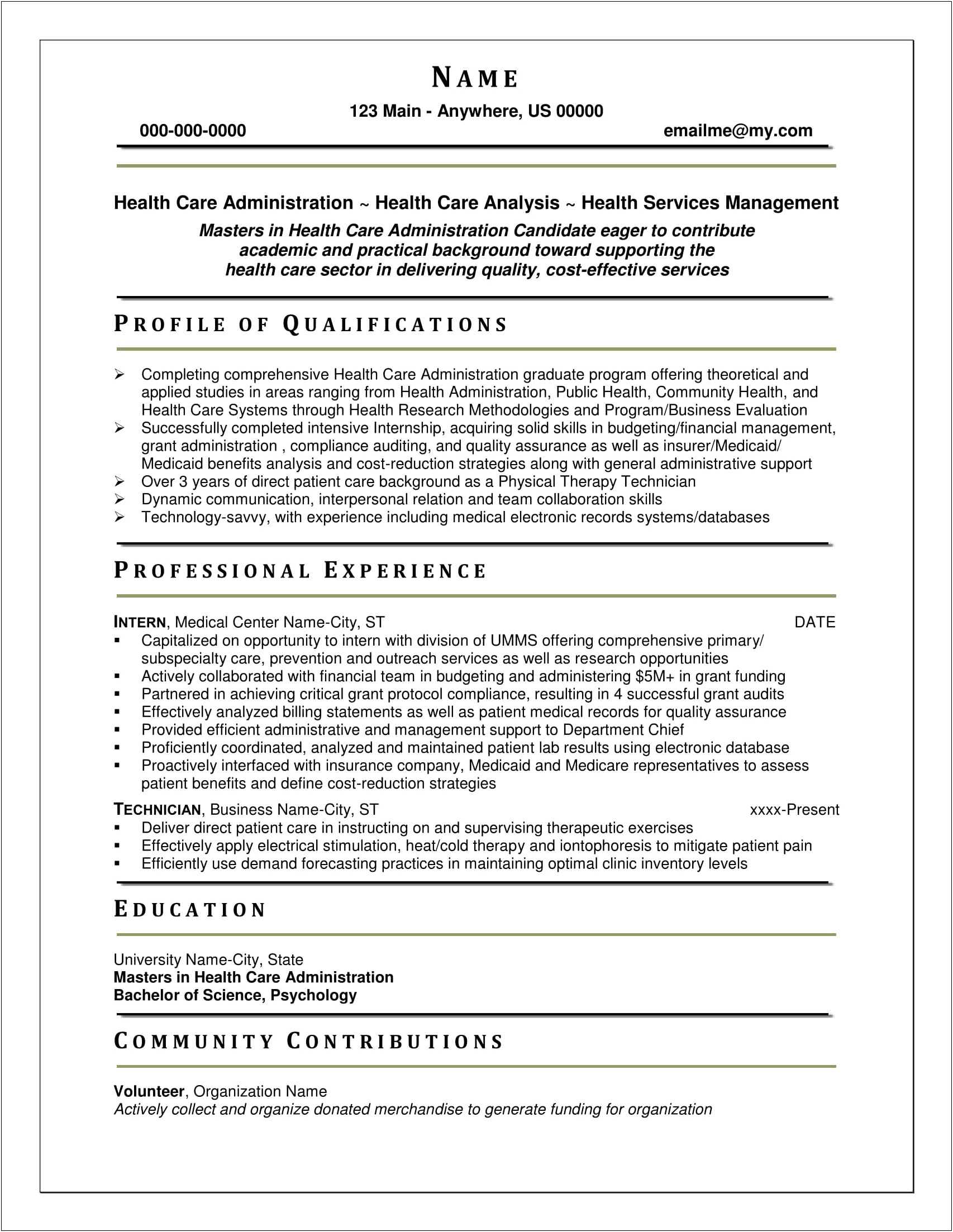 Sample Healthcare Administration Entry Level Resume