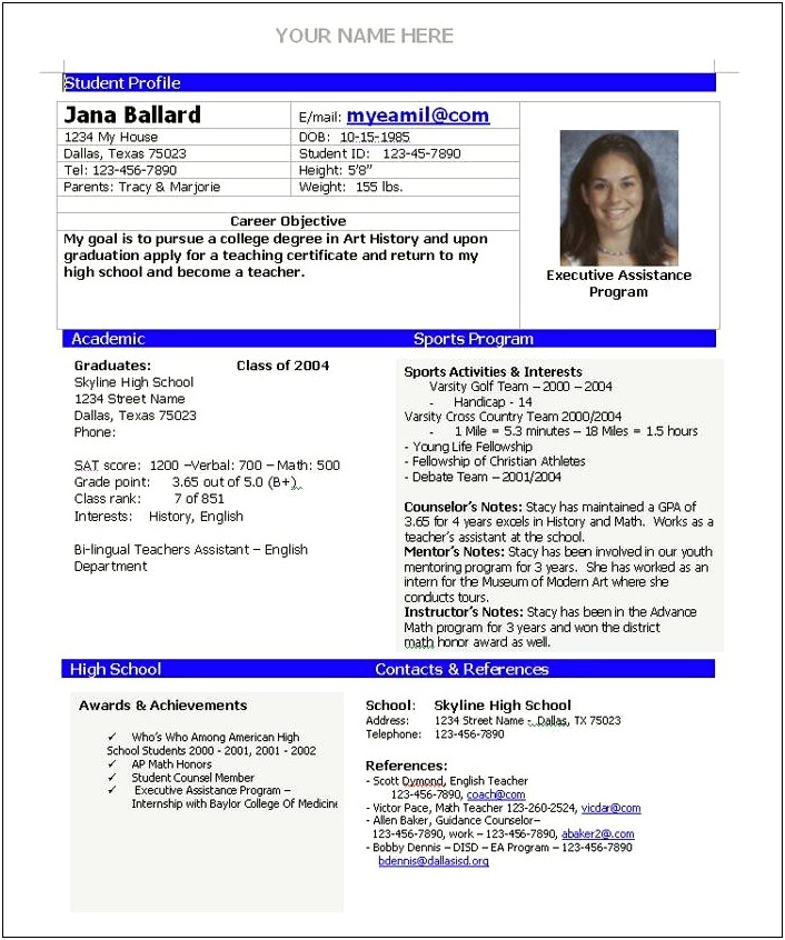Sample High School Athletic Resume