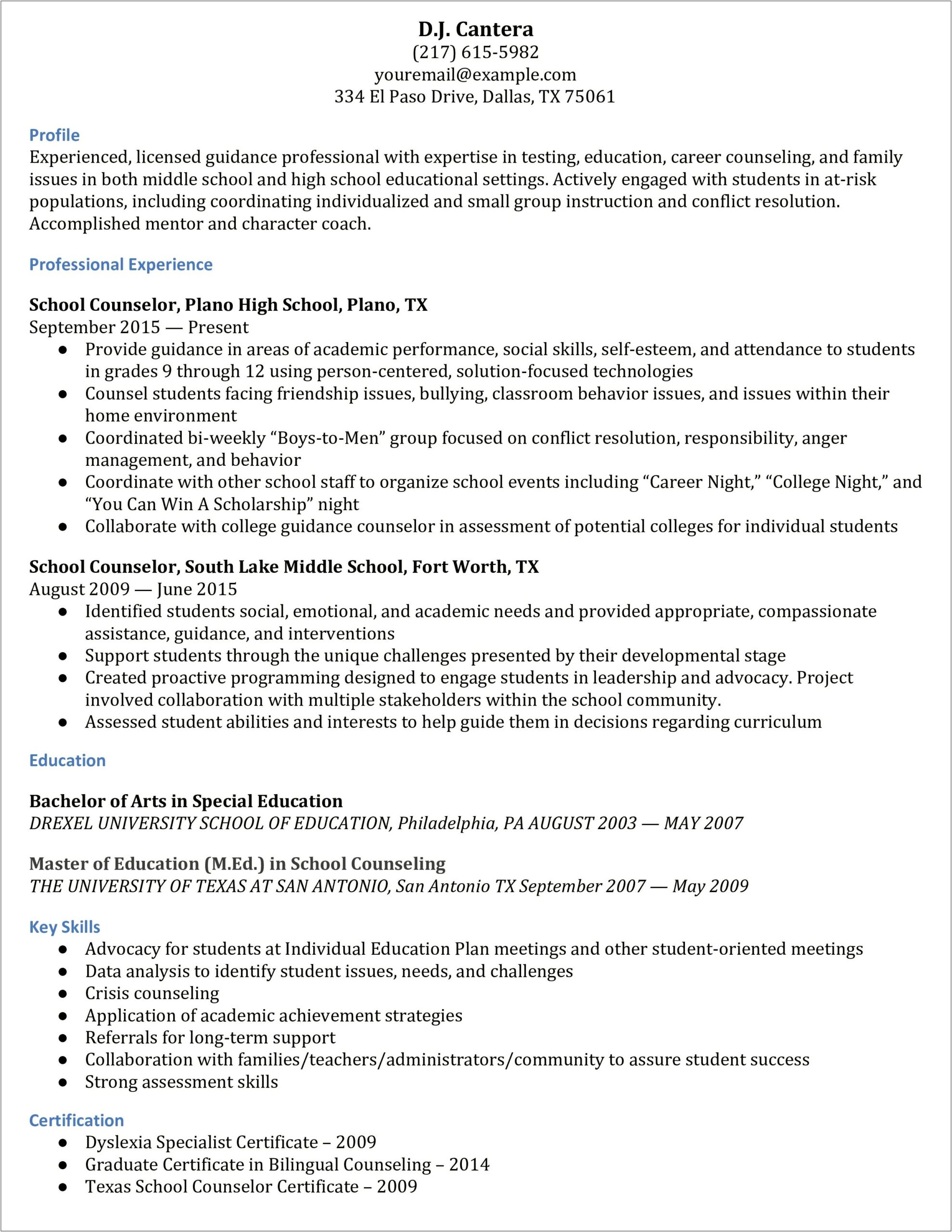 Sample High School Counselor Resumes