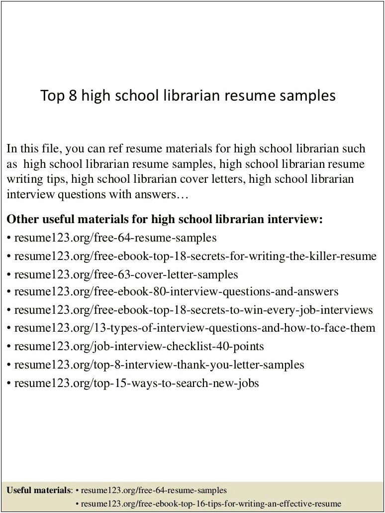 Sample High School Librarian Resume