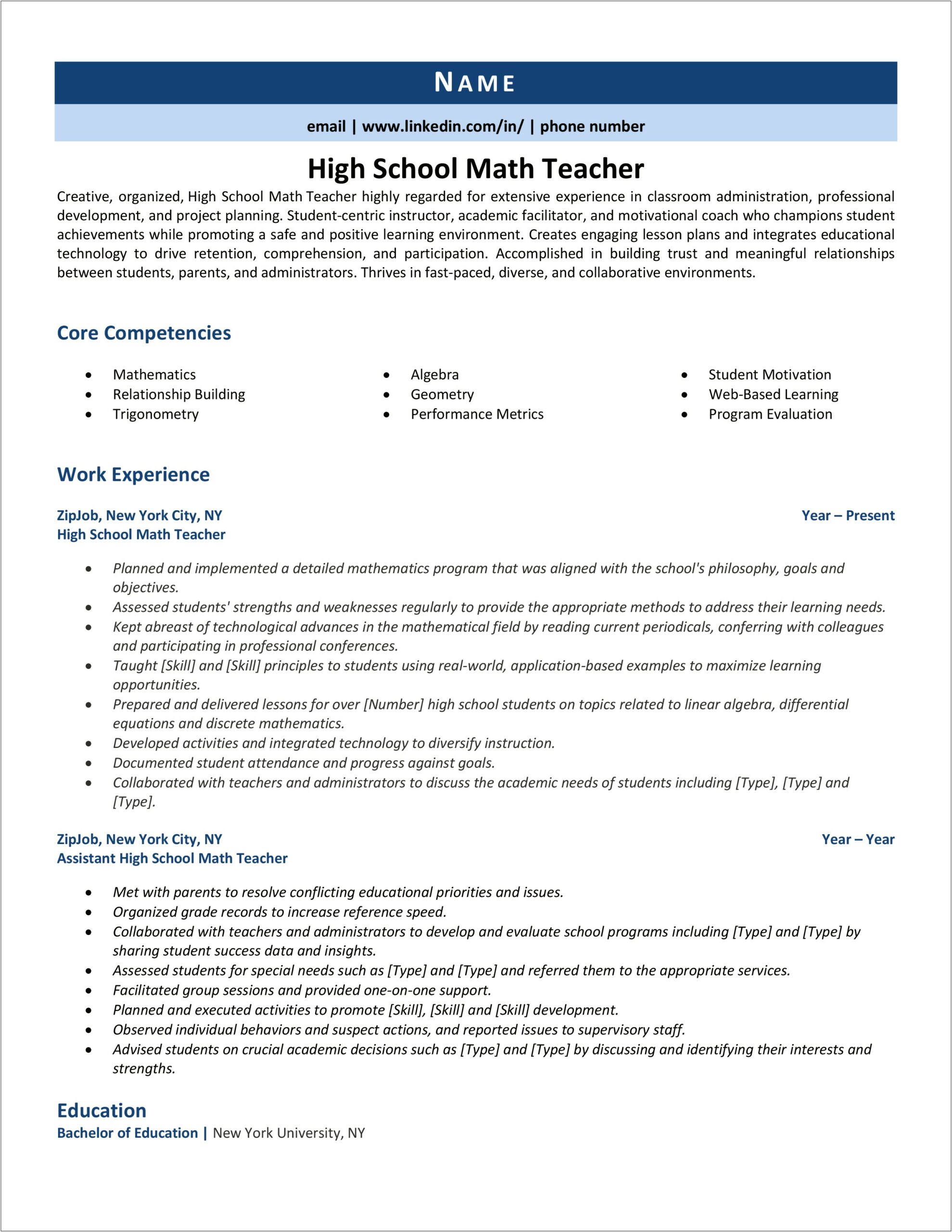 Sample High School Math Teacher Resume Pdf