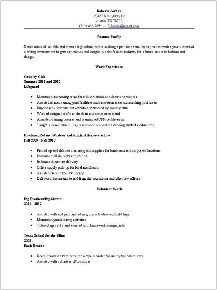Sample High School Resume Profile