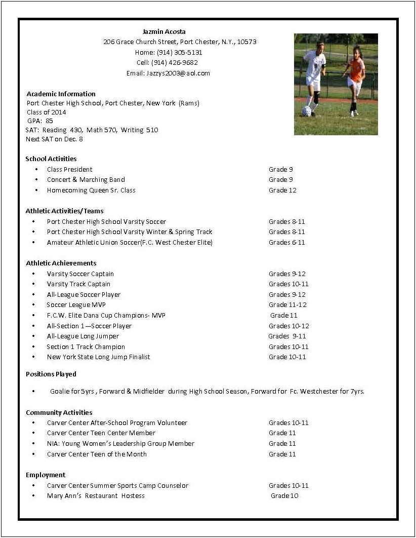 Sample High School Soccer Resume