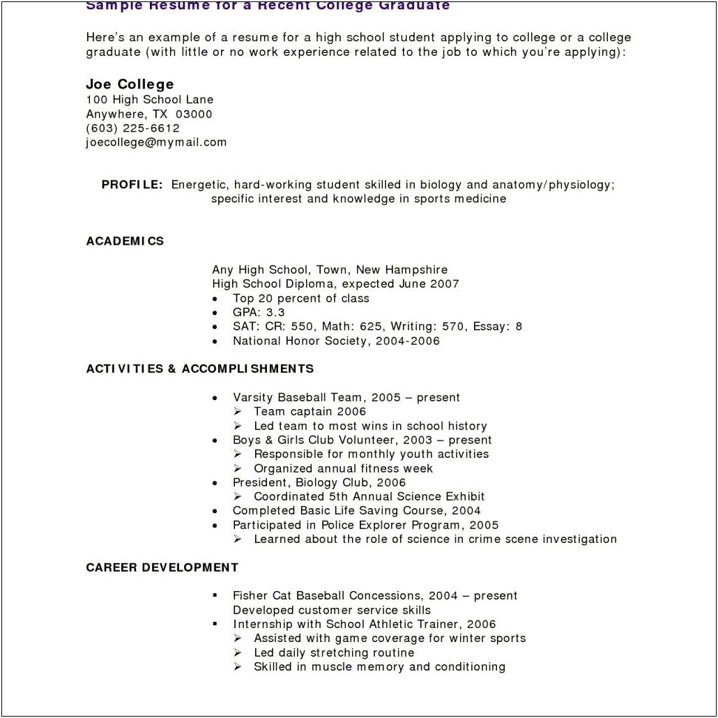 Sample High School Student Resume For College