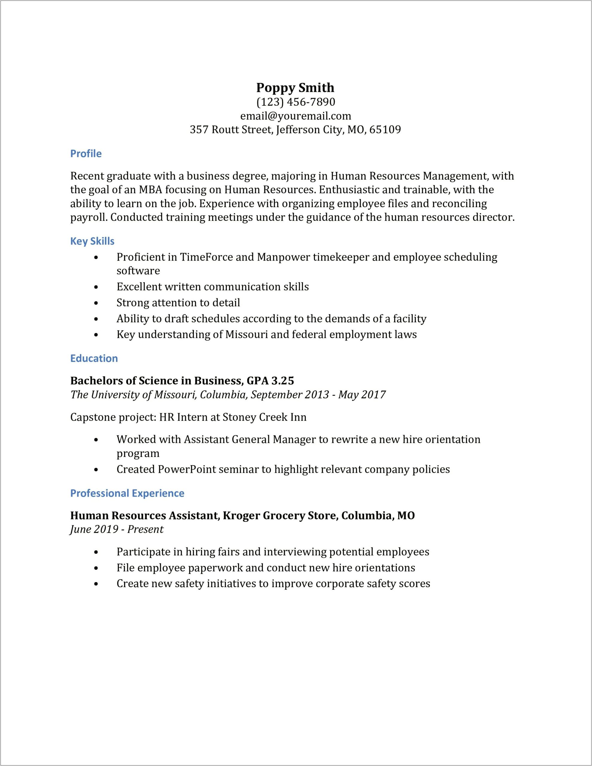 Sample Hr Resume With Union Experience